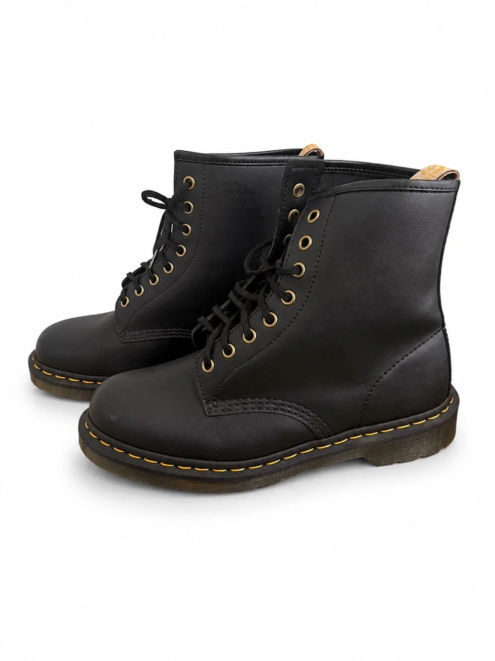 Dr. Martens Black Leather Lace-Up Combat Boots with Yellow Stitching